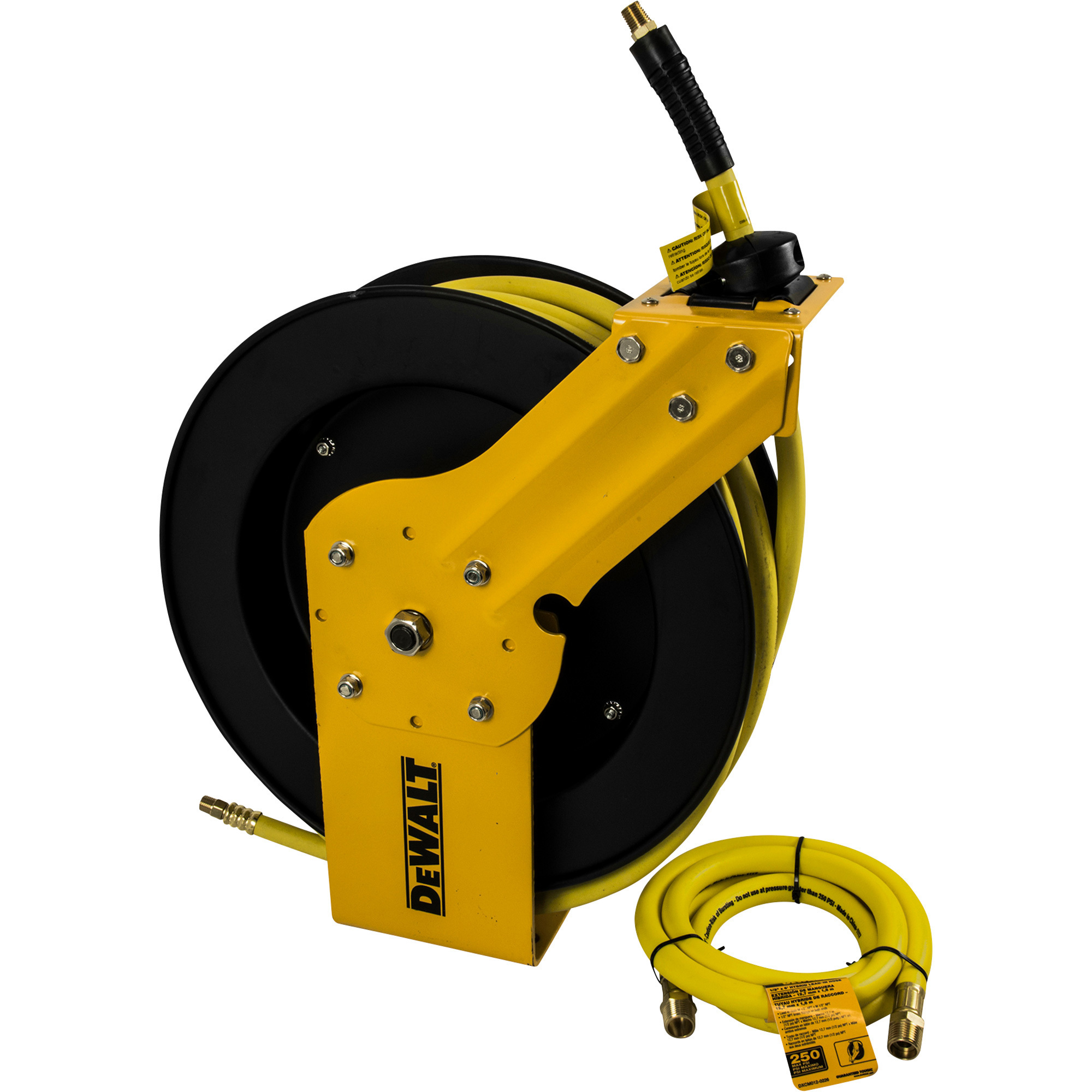 DEWALT Single Arm Auto Retracting Air Hose and Reel with 3/8in. x 50ft. Hose and 3/8in. x 4ft. Lead-In Hose, Max. 300 PSI, Model# DXCM024-0374